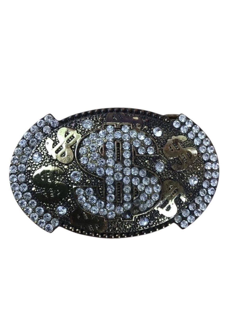 Vintage Buckle Belt money talk sign $ Crystal Gold silver bling bling Incrusted
